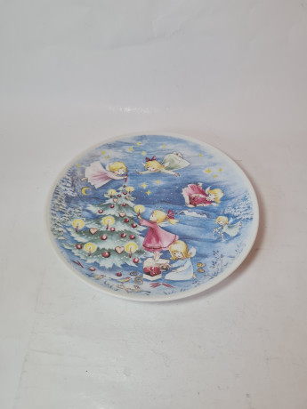 Декоративная тарелка винтажная Clavis Arzberg, белый фарфор с голубым декором "Рождественская елка", 25,5 x 3 см, Германия, 1960-70гг.