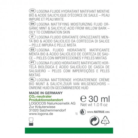 Logona Mattierendes Feuchtigkeitsfluid Bio-Minze & Salicylsaure aus der Weidenrinde  Матирующий увлажняющий флюид с органической мятой и салициловой кислотой из коры ивы