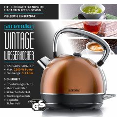 Arendo Arendo Wasserkocher, 1,7 l, 2200 W, Edelstahl Retro Style Vintage, LED Temperaturanzeige, kupfer, Vintage Retro Style Edelstahl-Teekessel im Kupfer Design mit Displayanzeige Чайник Arendo, 1,7 л, 2200 Вт, нержавеющая сталь, винтажный ретро-стиль,