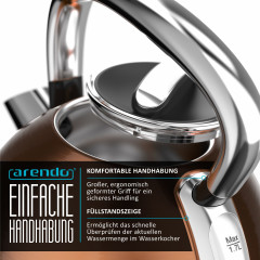 Arendo Arendo Wasserkocher, 1,7 l, 2200 W, Edelstahl Retro Style Vintage, LED Temperaturanzeige, kupfer, Vintage Retro Style Edelstahl-Teekessel im Kupfer Design mit Displayanzeige Чайник Arendo, 1,7 л, 2200 Вт, нержавеющая сталь, винтажный ретро-стиль,