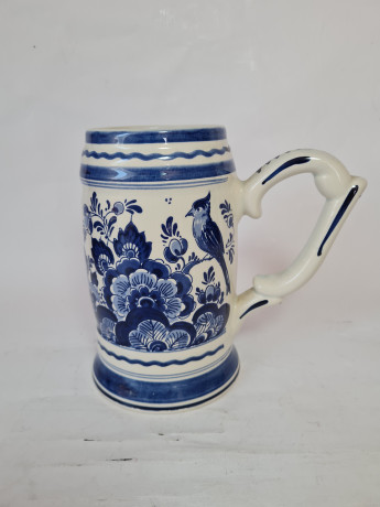 Кружка для пива винтажная Delft Blaue Holland, белый дельфтский фарфор с голубым цветочным декором, 16,5 x 6,5 см, Голландия, 1960-70гг.