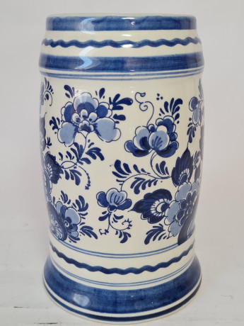 Кружка для пива винтажная Delft Blaue Holland, белый дельфтский фарфор с голубым цветочным декором, 16,5 x 6,5 см, Голландия, 1960-70гг.