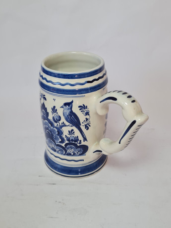 Кружка для пива винтажная Delft Blaue Holland, белый дельфтский фарфор с голубым цветочным декором, 16,5 x 6,5 см, Голландия, 1960-70гг.
