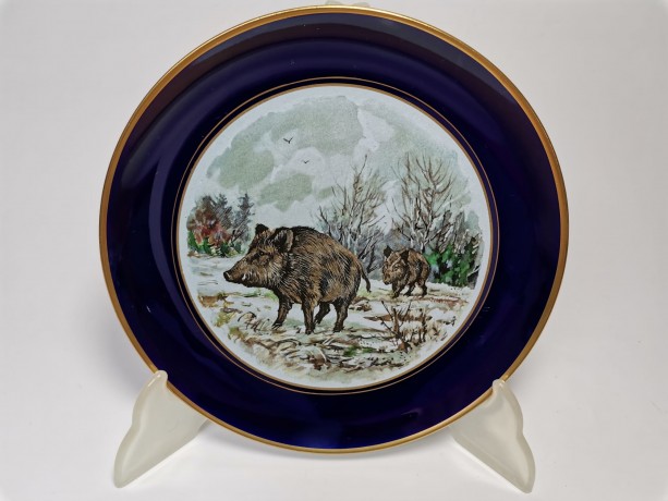 Lindner Kueps Bavaria Kobalt, Линднер Купс Бавария Коллекционная кобальтовая тарелка "Кабаны" 19см х 2см 1