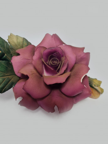 Capodimonte Italy Декоративная фигурка роза фиолетово-розовая с листьями, 10см x 19см, Италия, 1960-70гг.