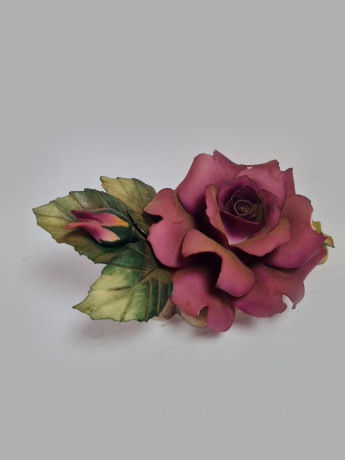 Capodimonte Italy Декоративная фигурка роза фиолетово-розовая с листьями, 10см x 19см, Италия, 1960-70гг.