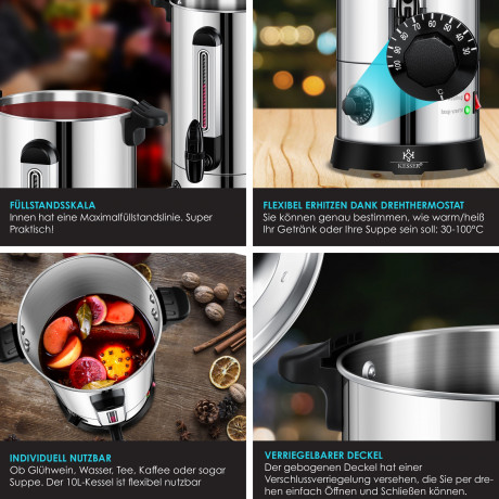 KESSER KESSER Heisswasserspender, Gluhweinkessel 10L Edelstahl Inkl. 10x Becher Gluhweinkocher kupfer Диспенсер для горячей воды KESSER, чайник для глинтвейна, 10 л, нержавеющая сталь, включая 10 чашек для глинтвейна