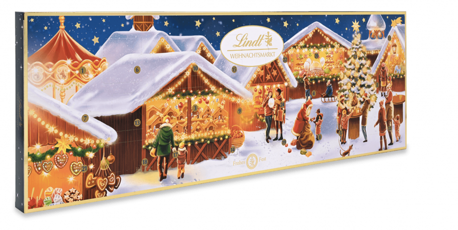 Lindt 2025 Adventskalender 250g 3STK, Адвент-календарь большой "Рождественская ярмарка", 24 сладких сюрприза, 75см х 25см, 250 грамм x 3 штуки