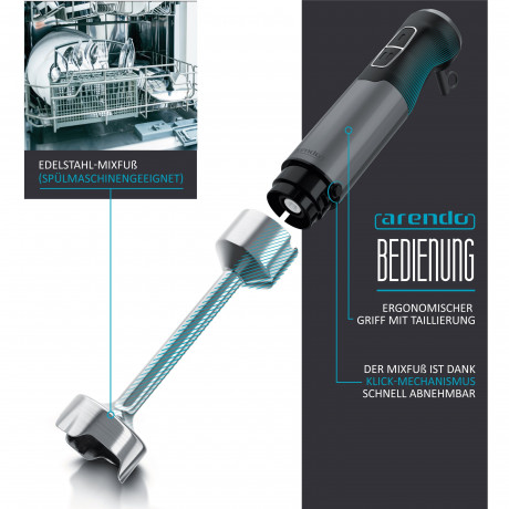 Arendo Arendo Stabmixer, 1000 W, Edelstahl Purierstab mit Messbecher, Handmixer, stufenlose Regelung, Mixfuss lasst sich leicht abnehmen und ist spulmaschinenfest  Ручной блендер Arendo, 1000 Вт, стержень для пюре из нержавеющей стали с мерным стаканом, р