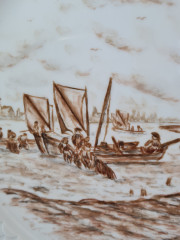 Hutschenreuther Белая фарфоровая тарелка с рисунком в коричневых тонах "На реке", 29 x 2,5 см, Германия, 1960-70гг.