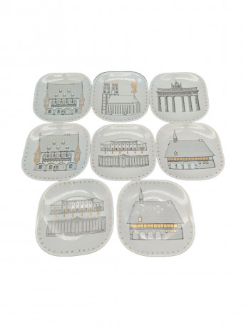 Тарелки декоративные винтажные Gerg. Uhlenhorst "Достопримечательности Германии", сувенирные, 8 шт., фарфор, 15.5 х 10.5 см, Германия, 1980-90гг.