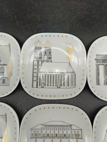 Тарелки декоративные винтажные Gerg. Uhlenhorst "Достопримечательности Германии", сувенирные, 8 шт., фарфор, 15.5 х 10.5 см, Германия, 1980-90гг.