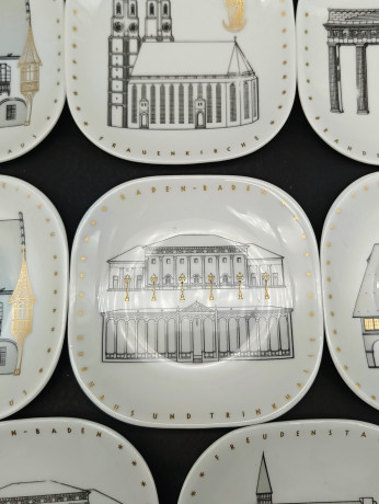 Тарелки декоративные винтажные Gerg. Uhlenhorst "Достопримечательности Германии", сувенирные, 8 шт., фарфор, 15.5 х 10.5 см, Германия, 1980-90гг.