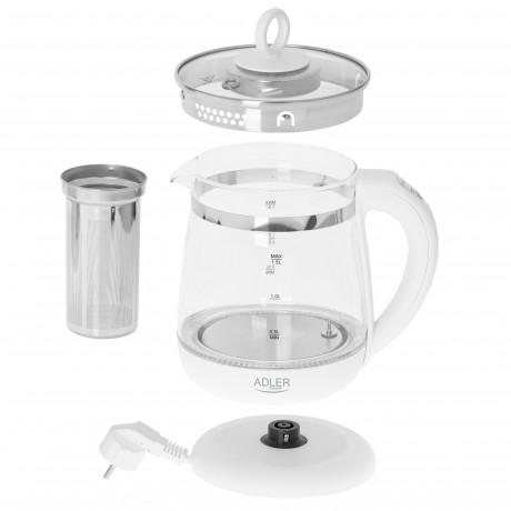 JUNG JUNG Wasserkocher ADLER AD1299 Wasserkocher Glas mit Temperatureinstellung Digital, 1.7 l, 2200 W, Glas mit Edelstahl, LED Beleuchtung  Farbwechsel, 360° Basis Kettle  Чайник JUNG ADLER AD1299, стеклянный чайник с цифровой регулировкой температуры, 1