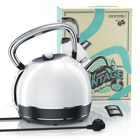Arendo Arendo Wasserkocher, 1,7 l, 2200 W, Edelstahl, Retro Style Vintage, Uberhitzungs  Trockenkochschutz, weiss  Чайник Arendo, 1,7 л, 2200 Вт, нержавеющая сталь, винтажный стиль ретро, ??защита от перегрева и сухого кипения, белый