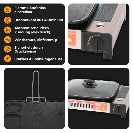 ZMC ZMC Gaskocher 2in1 Gas Kocher Campingkocher Grillplatte Gasgrill Outdoor Camping, (Gaskocher 2.1KW Outdoor Camping Kocher Kochfeld), Herd Tragbarer Tischgrill Grillpfanne+Transportkoffer Газовая плита ZMC, газовая плита 2-в-1, походная плита, гриль,