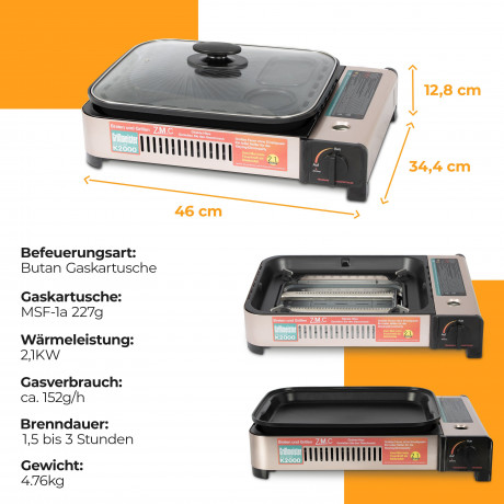 ZMC ZMC Gaskocher 2in1 Gas Kocher Campingkocher Grillplatte Gasgrill Outdoor Camping, (Gaskocher 2.1KW Outdoor Camping Kocher Kochfeld), Herd Tragbarer Tischgrill Grillpfanne+Transportkoffer Газовая плита ZMC, газовая плита 2-в-1, походная плита, гриль,