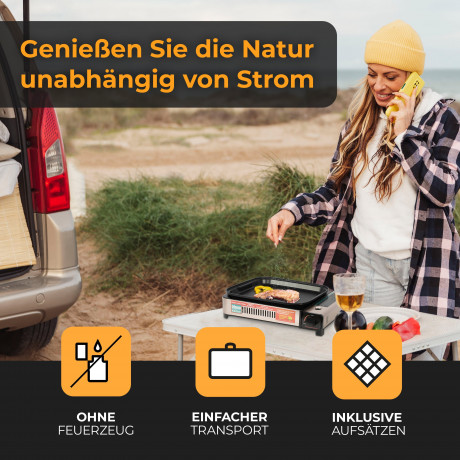 ZMC ZMC Gaskocher 2in1 Gas Kocher Campingkocher Grillplatte Gasgrill Outdoor Camping, (Gaskocher 2.1KW Outdoor Camping Kocher Kochfeld), Herd Tragbarer Tischgrill Grillpfanne+Transportkoffer Газовая плита ZMC, газовая плита 2-в-1, походная плита, гриль,