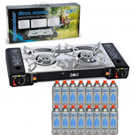 ZMC ZMC Gaskocher Doppel Kartuschenkocher Gaskocher 2 Flammig + 16x Gaskartuschen 227g, (MSF-1a automatische Piezo-Zundung (elektrisch) Herd Butangas), Outdoor Gas Campingkocher 2Fach Gasherd Ofen Butan Kochfeld Gas Kocher  Газовая плита ZMC с двойным кар