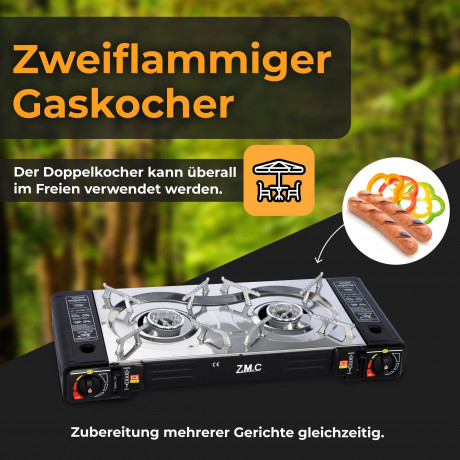 ZMC ZMC Gaskocher Doppel Kartuschenkocher Gaskocher 2 Flammig + 16x Gaskartuschen 227g, (MSF-1a automatische Piezo-Zundung (elektrisch) Herd Butangas), Outdoor Gas Campingkocher 2Fach Gasherd Ofen Butan Kochfeld Gas Kocher  Газовая плита ZMC с двойным кар
