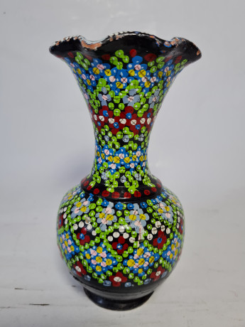 Ваза винтажная Agadir в африканском стиле, черный фон / яркий принт, керамика, 17.5 см, Марокко, 1960-70гг.