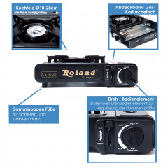 Roland Roland Gaskocher Outdoor Camping Gaskocher mit automatischer Piezozundung Kochfeld, (1 flammig Campingkocher Inkl. Tragekoffer Campinggaskocher Universalkocher Kocher mobiler Gasherd mobil Kartuschenkocher mit Piezo Zundung Kohleanzunder, 1-St., pe