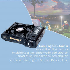 Roland Roland Gaskocher Outdoor Camping Gaskocher mit automatischer Piezozundung Kochfeld, (1 flammig Campingkocher Inkl. Tragekoffer Campinggaskocher Universalkocher Kocher mobiler Gasherd mobil Kartuschenkocher mit Piezo Zundung Kohleanzunder, 1-St., pe