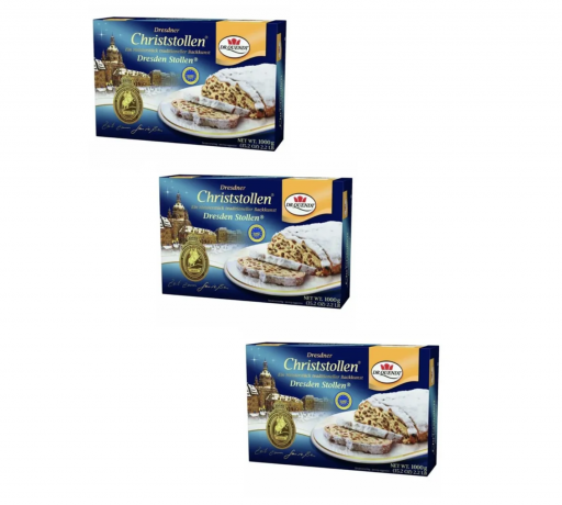 Dr. Quendt Echter Dresdner Christstollen 3stk Набор 3 Штоллена x 1 кг в подарочной упаковке, Немецкий рождественский кекс с изюмом и орехами