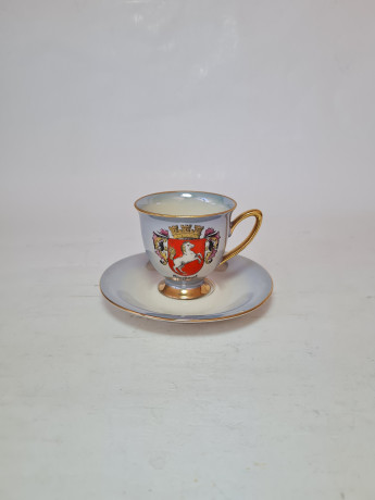 Кофейная пара винтажная Bavaria Waldershof, светло-сине-белый фарфор с изображением герба г.Оберстдорф, 8 x 6 см / 11,5 см, Германия, 1960-70гг.