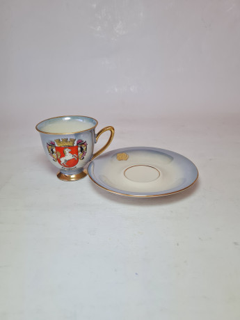 Кофейная пара винтажная Bavaria Waldershof, светло-сине-белый фарфор с изображением герба г.Оберстдорф, 8 x 6 см / 11,5 см, Германия, 1960-70гг.