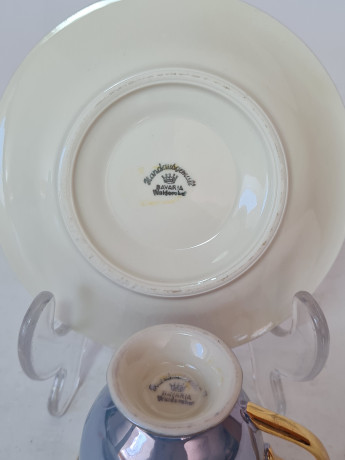 Кофейная пара винтажная Bavaria Waldershof, светло-сине-белый фарфор с изображением герба г.Оберстдорф, 8 x 6 см / 11,5 см, Германия, 1960-70гг.