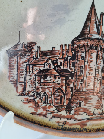 Фруктовница винтажная большая Gres de l'Arnon с деревянной палкой в центре, керамика, 30 см, Франция, 1960-70гг.