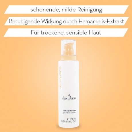 JEAN D'ARCEL lait aux herbes DEMAQUILLANTE Reinigungsmilch Reinigt schonend und mild vermindert Reizungen  Lait aux herbes DEMAQUILLANTE Очищающее молочко Мягко и мягко очищает уменьшает раздражение