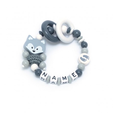 kleinerStorch Greifling mit Name – Madchen  Jungen Beissring personalisiert – Holz Rassel Fuchs  Babyfuss grau weiss Игрушка-клатч с именем