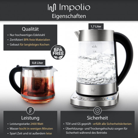 Impolio Impolio Wasser-/Teekocher Impolio Glas Wasserkocher mit Temperatureinstellung, Teesieb  Aufsatz  Прибор для приготовления чая и воды Impolio Стеклянный чайник Impolio с регулировкой температуры и ситечком для чая