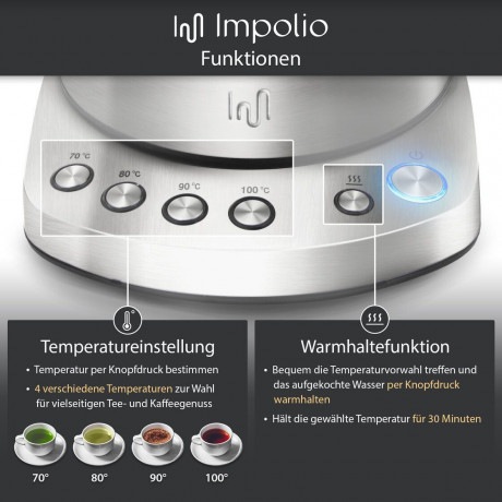 Impolio Impolio Wasser-/Teekocher Impolio Glas Wasserkocher mit Temperatureinstellung, Teesieb  Aufsatz  Прибор для приготовления чая и воды Impolio Стеклянный чайник Impolio с регулировкой температуры и ситечком для чая