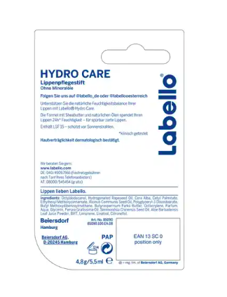 Labello Lippenpflegestift Hydro Care LSF 15 Карандаш бальзам для ухода за губами Hydro Care,  увлажняющий с Алоэ Вера и Масло Ши, 4,8 г