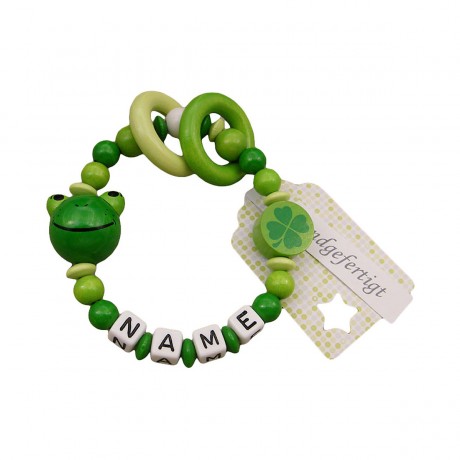 kleinerStorch Greifling mit Name – Madchen  Jungen Beissring personalisiert – Holz Rassel Frosch grun Персонализированное кольцо для прорезывания зубов с именем