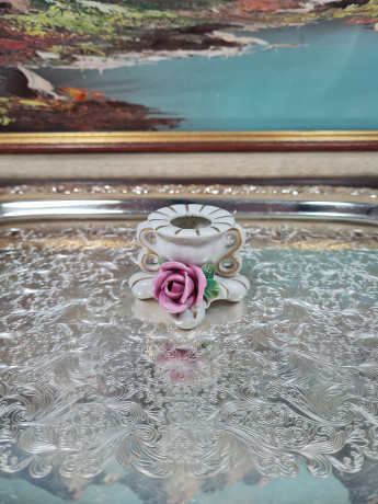 Подсвечник винтажный Gerold&Co Bavaria с розовым цветком и двумя ручками, керамика, 6 см, Германия, 1960-70гг.