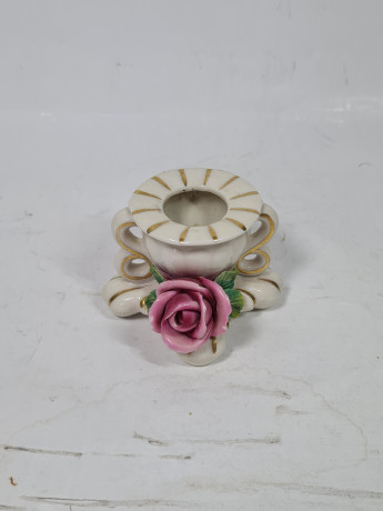 Подсвечник винтажный Gerold&Co Bavaria с розовым цветком и двумя ручками, керамика, 6 см, Германия, 1960-70гг.