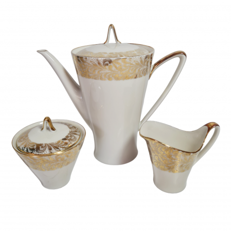 Набор для чая винтажный Johann Seltmann Vahenstrauß Bavaria / 56er с золотым узором, чайник, молочник, сахарница, фарфор, Германия, 1960-70гг.