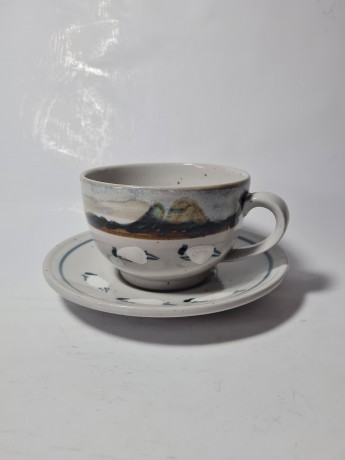 Чайная пара винтажная Mighland Stoneware "Горный пейзаж", ручная роспись, керамика, Шотландия, 1960-70гг.