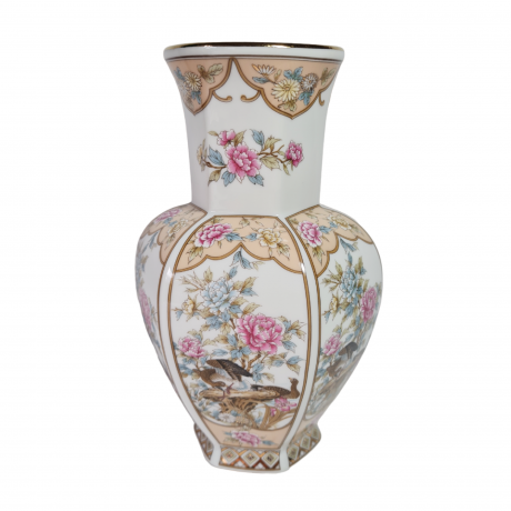 Ваза винтажная FX 1884 в китайском стиле, с изображением цветов и птиц, в пастельных тонах, фарфор, 21 см, Германия, 1970-80гг.