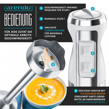 Arendo Arendo Stabmixer, 1000 W, Purierstab Set mit Zerkleinerer  Messbecher, Edelstahl  Ручной блендер Arendo, 1000 Вт, набор очищающих стержней с мерным стаканом-измельчителем, нержавеющая сталь