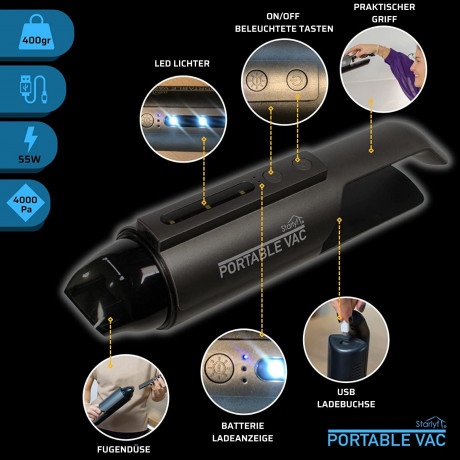 Starlyf Starlyf Akku-Handstaubsauger Portable Vac, 55,00 W, beutellos, 2600 mAh (7,3V), USB, LED-Beleuchtung, HEPA-Filter  Беспроводной ручной пылесос Starlyf Portable Vac, 55,00 Вт, без мешка, 2600 мАч (7,3 В), USB, светодиодное освещение, HEPA-фильтр