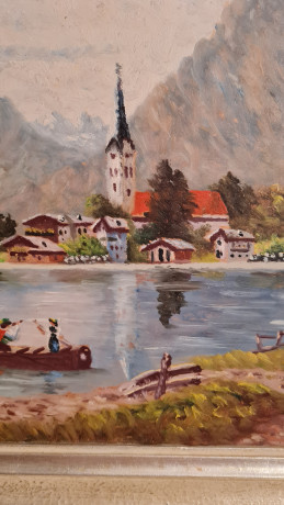 Картина винтажная A.Dihlmann "Городок на озере", в деревянной раме, 49,5 x 40 см, Германия, 1960-1970гг.