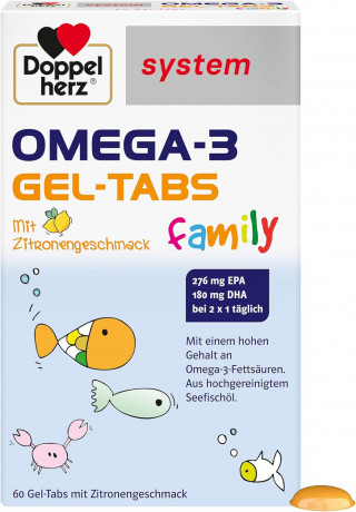 Doppelherz system OMEGA-3 Gel-Tabs family Zitrone, 60st, Омега-3 из морской рыбы + витамин D, жевательные мармеладки со вкусом лимона для детей от 4-х лет и взрослых, 60 шт