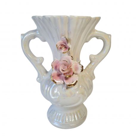Ваза винтажная Capodimonte с двумя ручками и розой, фарфор, перламутр, 27,5 x 22 см, Италия, 1960-70гг.