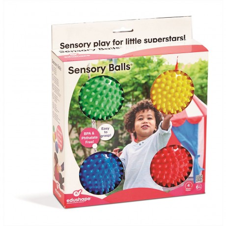 Edushape Sensory Opaque Sensory Ball Packung mit 4 farbenfrohen und einzigartig texturierten 10-cm-sensorischen Ballen Сенсорные непрозрачные сенсорные шарики Набор из 4 разноцветных сенсорных шариков с уникальной текстурой диаметром 10 см.