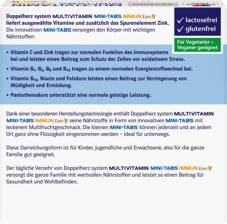 Doppelherz System Multivitamin Mini Tabs Family Immun, 20 Beutel, Мультивитаминный комплекс с витамином С и цинком для детей с 4-х лет и взрослых, с фруктовым вкусом, 20 пакетиков стиков